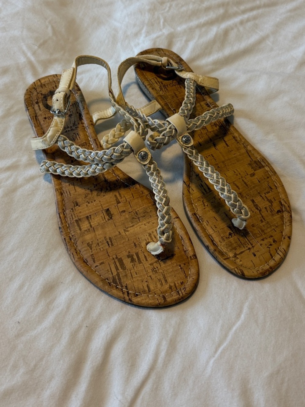 G by Guess Women's Braided T-Strap Sandals in Ivory
